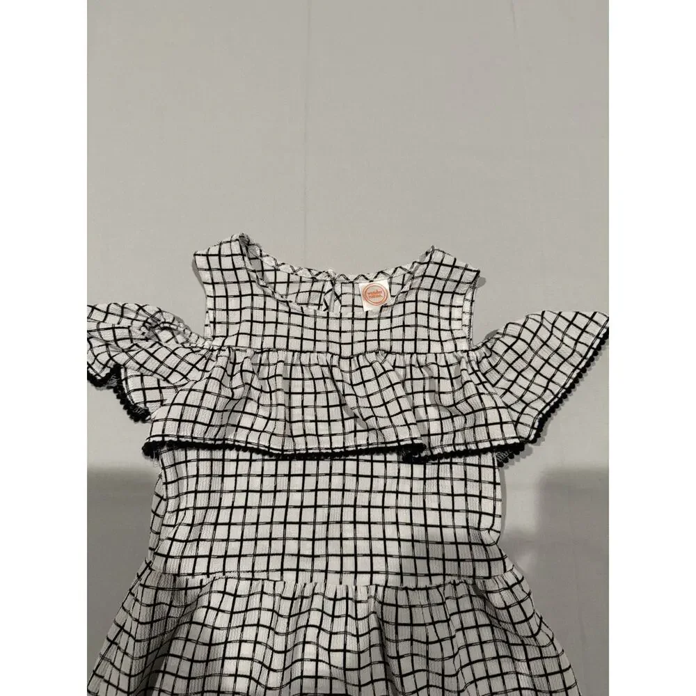 Wonder Nation Girls M (7-8) Black White Check A-Line Cold Shoulder Ruffle Dress
